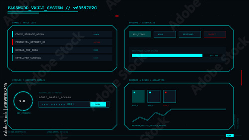 Futuristic password vault system dashboard interface with security details and network analytics display