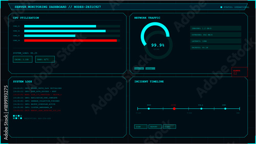 Futuristic dark mode server monitoring dashboard interface displaying performance metrics