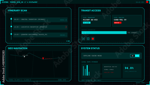 Futuristic travel hub operating system dashboard displaying itinerary, transit status, and geo navigation data