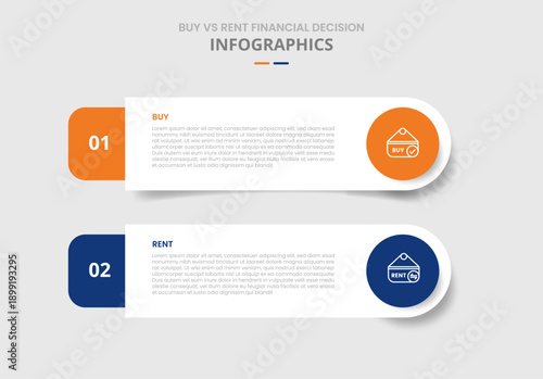 Buy vs rent comparison for infographic with drop shadow style with round rectangle with circle badge two point list information