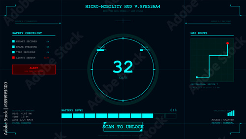 Futuristic micro-mobility vehicle heads-up display interface with navigation and diagnostics