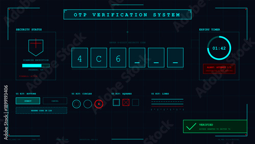 Futuristic dark screen interface displaying OTP verification system and security countdown timer