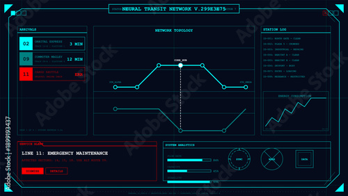 Dark futuristic user interface screen with network topology and real-time system analytics