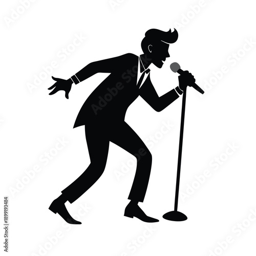 Singer performing on stage holding a microphone silhouette vector art