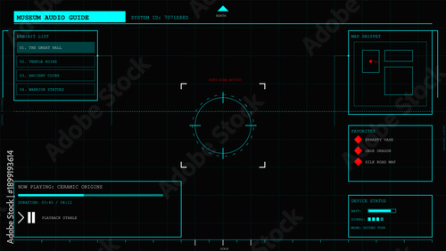 Digital screen display of a museum audio guide system with exhibit details and map tracking