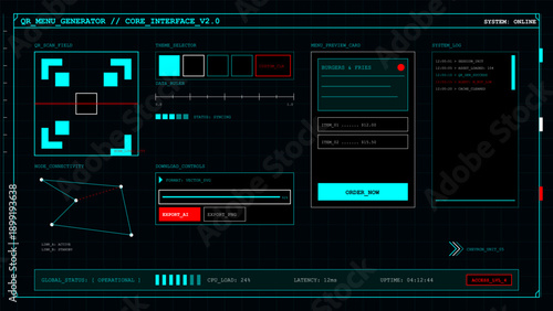 Futuristic dark mode user interface screen with QR menu generator and system log display