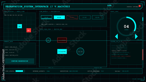 Futuristic reservation system interface with data visualization and seating map display