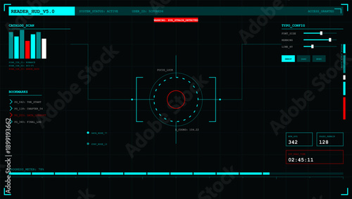 Futuristic heads-up display interface for a digital reader with data analysis and system status monitoring
