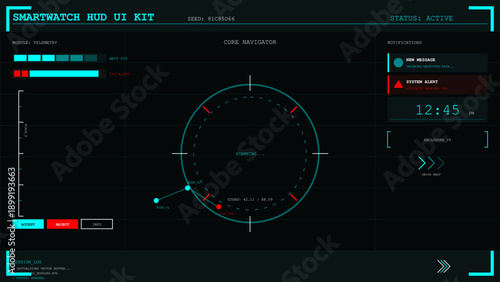 Futuristic smartwatch heads-up display user interface kit with navigation and system alerts