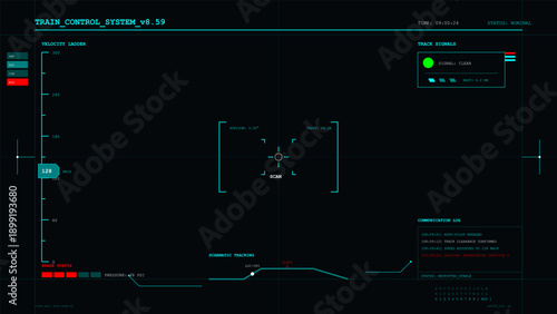 Futuristic train control system dashboard display with velocity ladder and track signals