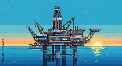 Offshore oil rig platform at sunset illustration.