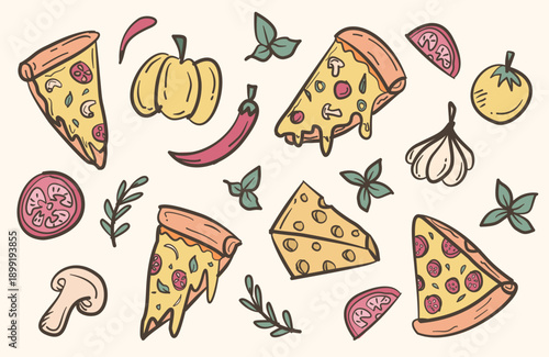 Pizza hand drawn illustration collection. Pizza slices doodle vector set. Pizza slices doodle background. Pizza and vegetables background elements. Cheese, chilli, garlic, pepper, mushroom, tomato. 