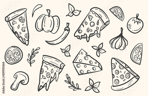 Pizza hand drawn illustration collection. Pizza slices doodle vector set. Pizza slices doodle background. Pizza and vegetables background elements. Cheese, chilli, garlic, pepper, mushroom, tomato. 