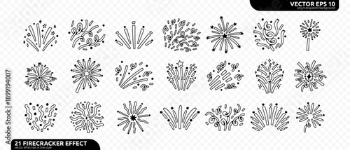 Doodle Sparkle Confetti Firecracker Firework Effect Kit. Hand Drawn Celebrate Firework Element Bundle in transparent png background. Line Vector Illustration