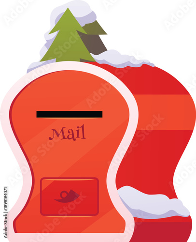 Santa mail red postbox flat vector icon, correspondence box with snow and fir trees for sending letters, Christmas mail