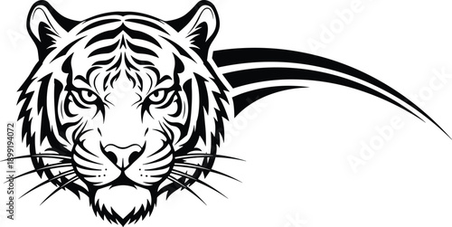Tiger head vector illustration with tribal swoosh, fierce jungle cat mascot for sports team branding, black and white wildlife tattoo.