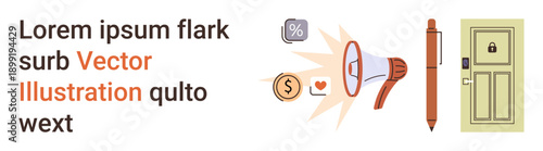 Marketing, communication, finance, announcements, security, and business services. Visual includes a megaphone, coin pen and locked door. Marketing and communication concepts