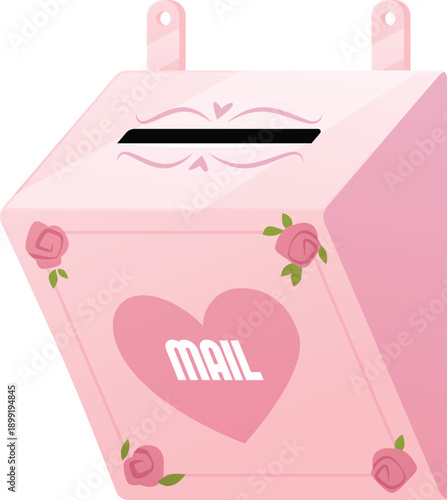 Love mail box with roses and heart flat vector icon, cute pink wall postbox for receiving romantic letters, Valentines