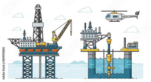 Offshore oil rig and platform with helicopter illustration.