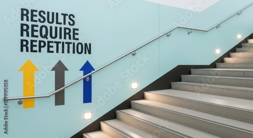 Modern Ascending Staircase with Metal Handrail and Directional Signs Guiding Upwards