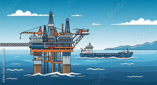 Offshore oil rig and supply ship at sea illustration.