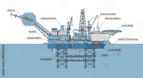 Offshore oil rig diagram showing structure and components.