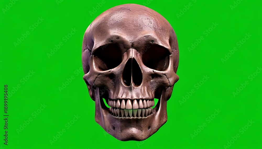 Fototapeta premium A detailed, frontal view of a human skull, showing complete skeletal structure. Presented against a bright, solid green background