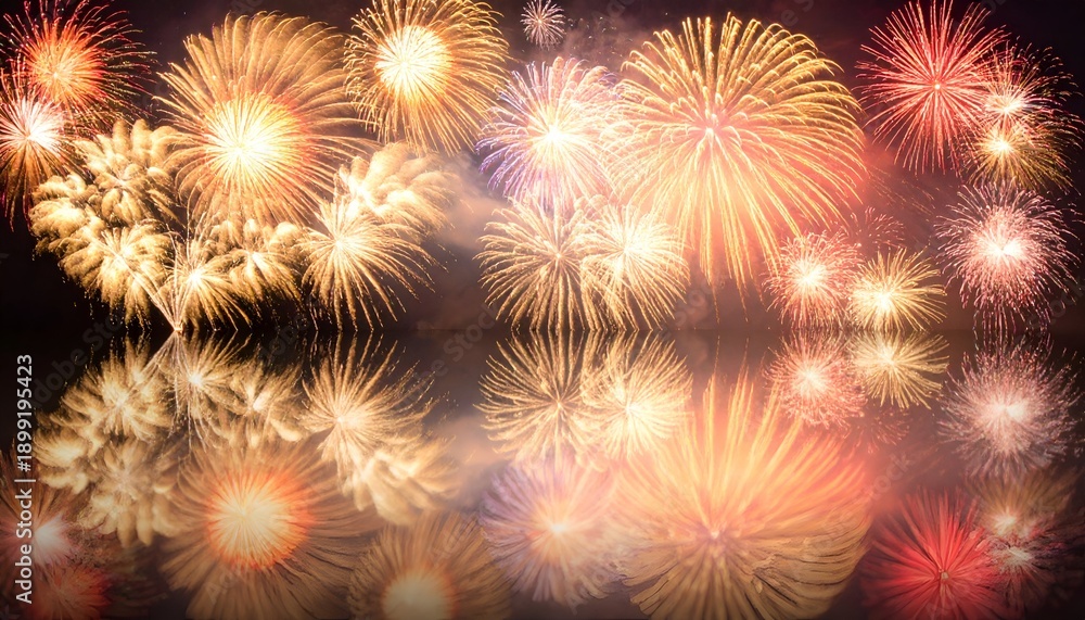 Fototapeta premium A vibrant display of fireworks bursting in various colors, reflecting beautifully on a dark surface