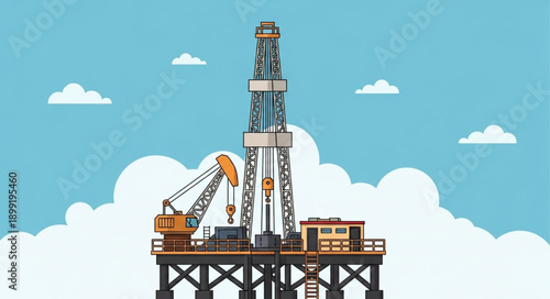 Offshore oil rig drilling platform illustration in blue sky.