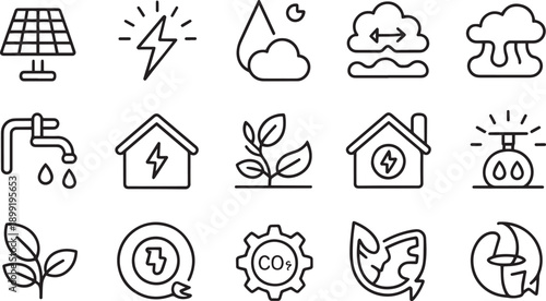 Collection of renewable energy and environmental conservation icons