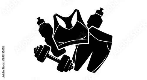 Fitness illustration featuring sports bra, dumbbell, and water bottles in a modern minimalist style