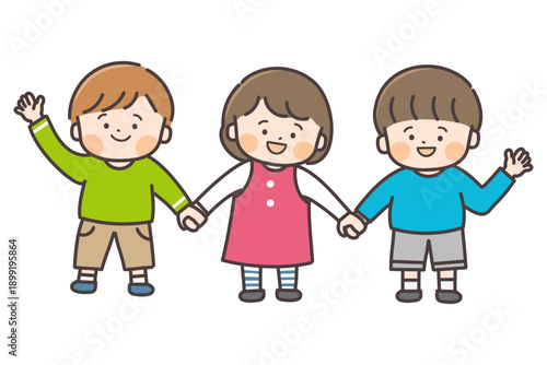 仲良く手をつなぐ三人の子供たち