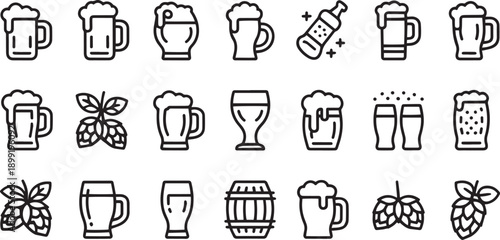 Set of beer and brewing icons on transparent background