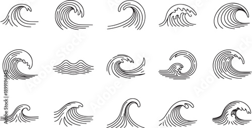Collection of Stylized Line Art Ocean Waves Illustration