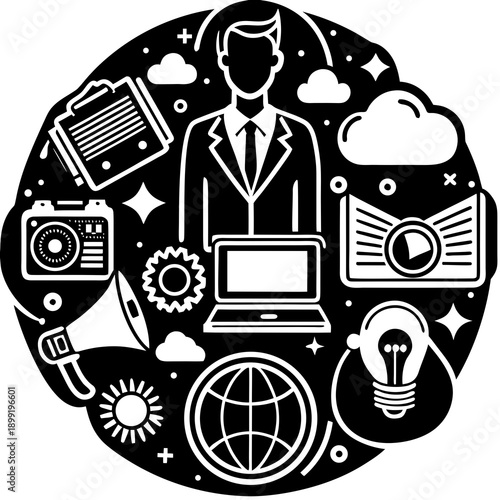 A diverse collection of icons representing various aspects of modern technology and business Vector