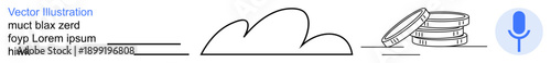 Cloud technology, finance, data storage, voice commands, digital tools, online services. Minimalist ion of a cloud, stacked coins and a voice icon. Cloud technology and finance concept