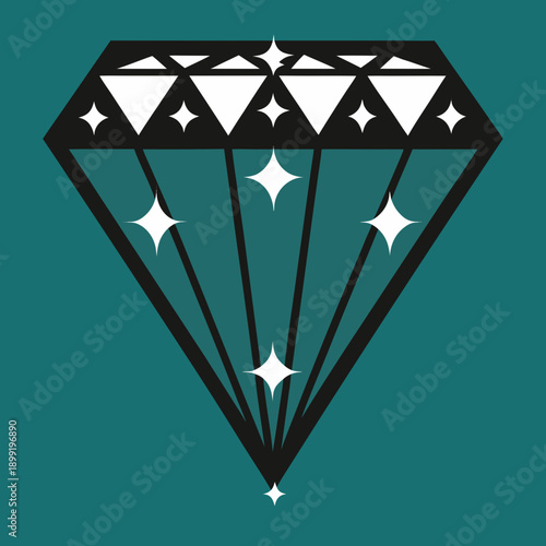 A sparkling diamond with intricate facets and a dark outline on a teal background Vector