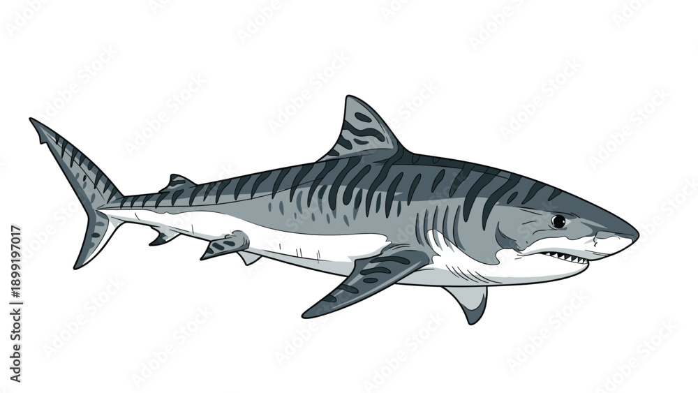 Obraz premium Detailed illustration of a powerful tiger shark swimming with distinctive dark stripes on its sleek grey and white body.