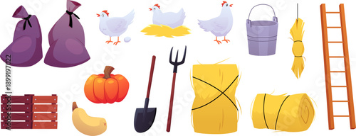 A set of barn items, chicken, sack, hay, ladder, vegetables, tools, and a fence.
