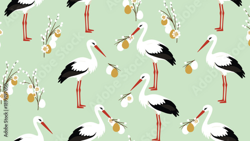 Cheerful seamless pattern featuring white storks carrying willow branches and golden eggs on a soft green background.