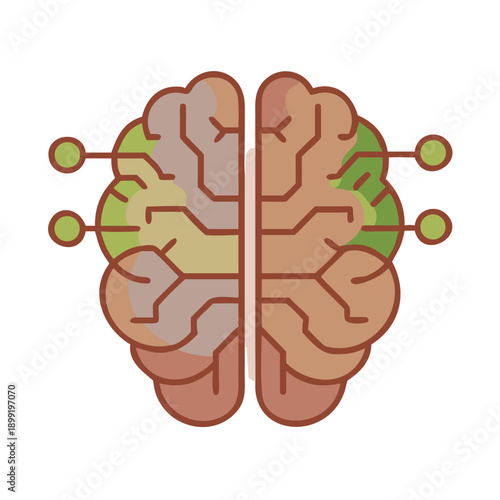 Illustration of a brain with connected nodes representing neural networks and brain activity. Vector