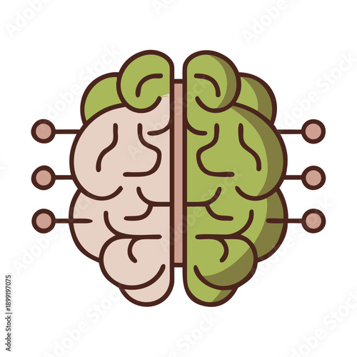 A digital illustration of a brain with connected nodes and green highlights. Vector