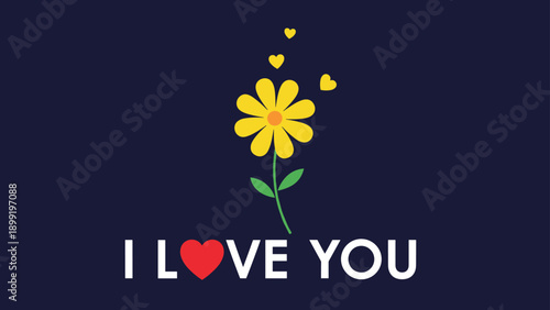 Simple and bold Valentine Day card featuring a bright yellow daisy and floating hearts with the text i love you.