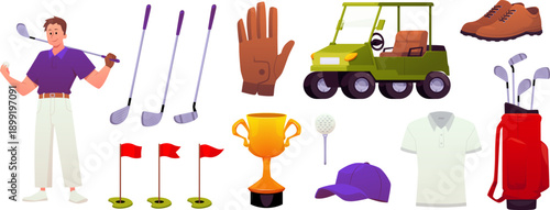 Golf sport game collection vector set, golfer, club and ball, golf equipment, clubs bag, car cart, cap, glove and boots