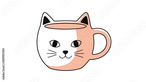 Adorable illustration of a white and peach colored cat shaped coffee mug with ears and a cute face design.