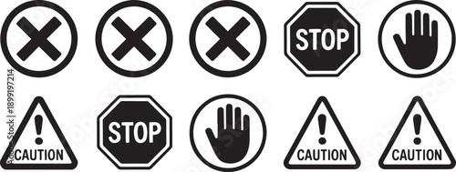 Collection of warning and prohibition icons for traffic and general use