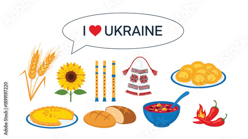 Assorted ukrainian cultural elements including varenyky dumplings bread sunflower wheat and traditional flutes with an i love ukraine bubble.