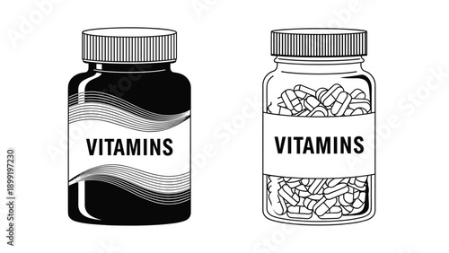 Pair of glass vitamin bottles shown in solid black and outlined styles filled with capsules and labeled for health and wellness.