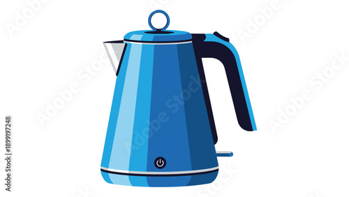 Modern electric kettle design in shades of blue with a chrome spout and power button isolated on a plain white background.