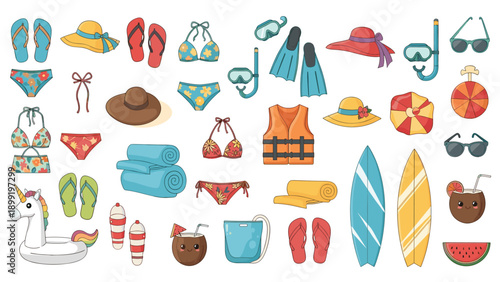Comprehensive collection of summer beach vacation items including swimsuits hats flip flops surfboards diving gear and tropical snacks.